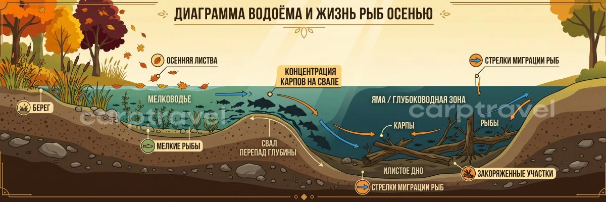 Осенью карп смещается к бровкам и ямам — кормите не саму яму, а ее край