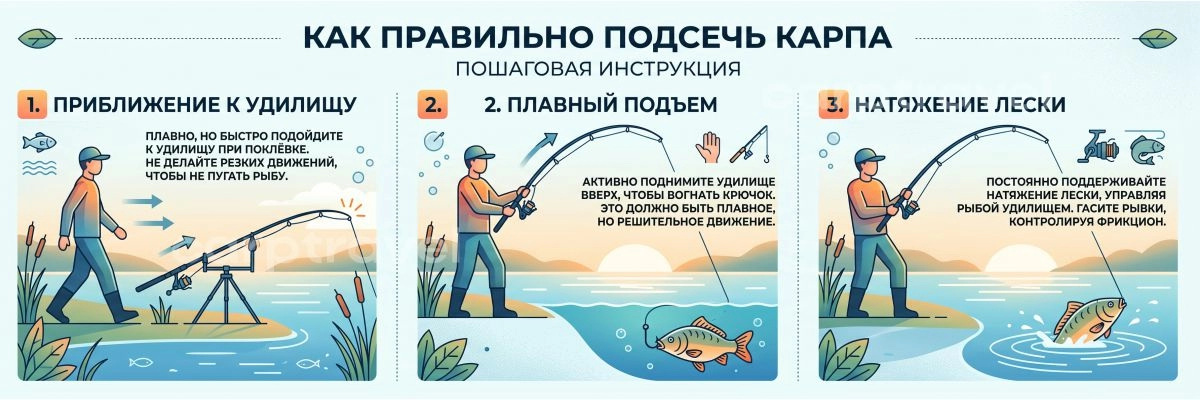 Три шага правильной подсечки: спокойно взять, плавно поднять, держать натяжение Три шага правильной подсечки: спокойно взять, плавно поднять, держать натяжение