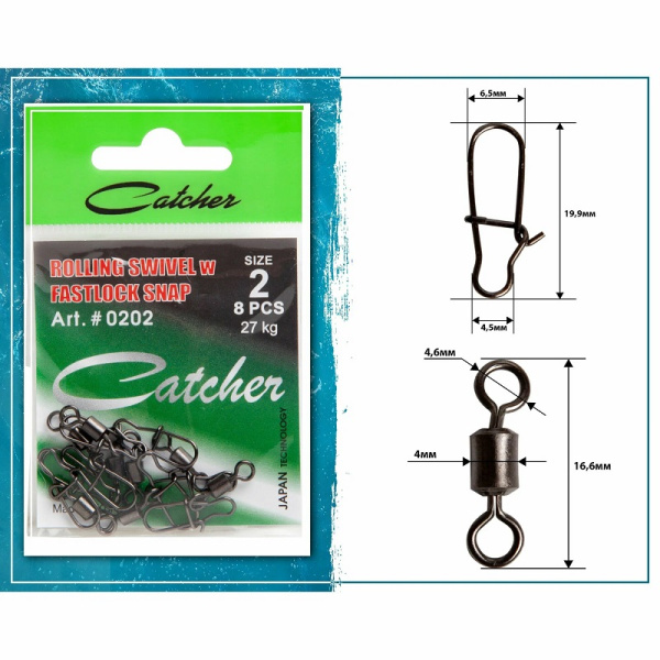 Вертлюг с карабином Catcher ROLLING SWIVEL w FASTLOCK SNAP sz2, 8шт