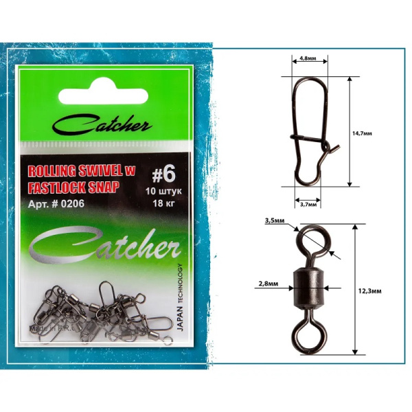 Вертлюг с карабином Catcher ROLLING SWIVEL w FASTLOCK SNAP sz6, 10шт