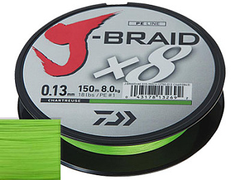 Плетеный шнур Daiwa  J-Braid X8 Chartreuse   150м 13lb/0,10мм (Зелёный) 
